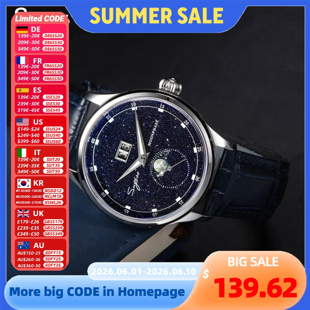 Sugess Moonphase Watch of Men 40mm Automatic Mechanical Wristwatches Origin ST2528 Movement Stainless Steel Blue Sandstone Dials