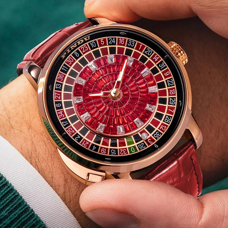 Fashion Business Noble Red PINDU Top Men's Mechanical Watch NH35A Push Button Gambling Table Roulette Game Watch Sapphire Watch